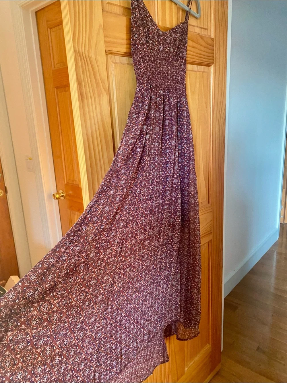 Abercrombie & Fitch Floral Smocked Open Back Sheer Maxi Dress Burgundy S